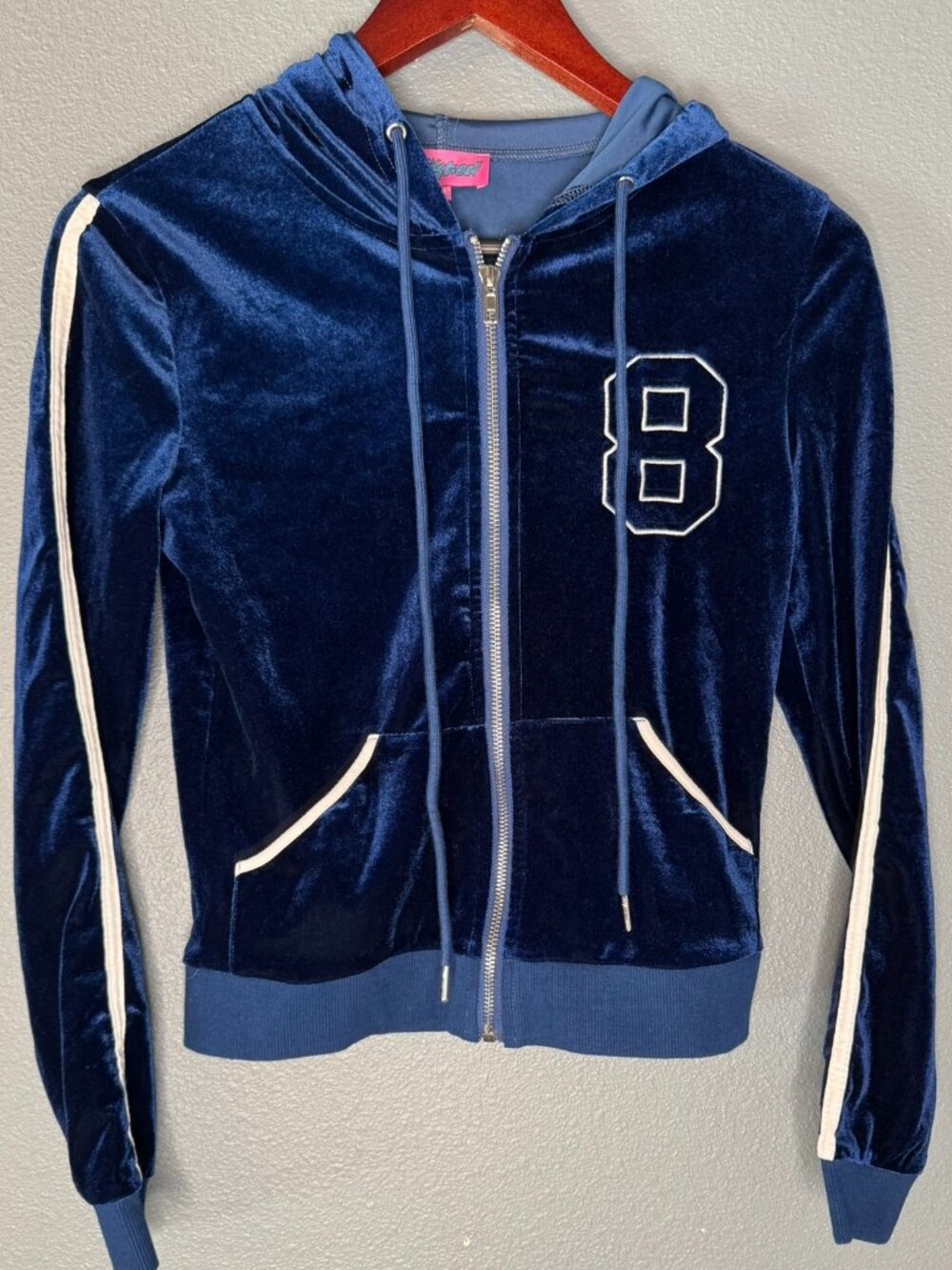 Edikted Navy Blue Velour Zip Up Hoodie XS Y2K Varsity Track Jacket